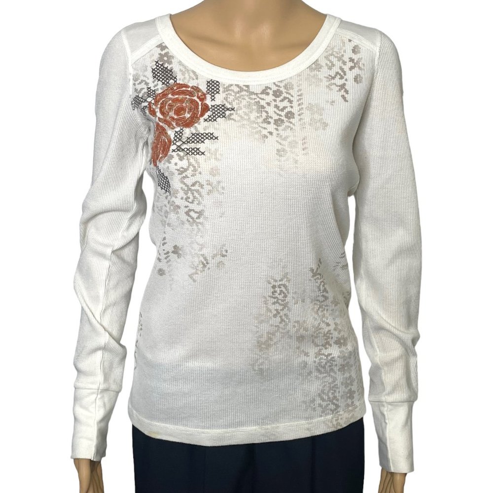 VTG Decree Womens Large Ivory Floral‎ Long Sleeve Pullover Thermal Blouse Shirt